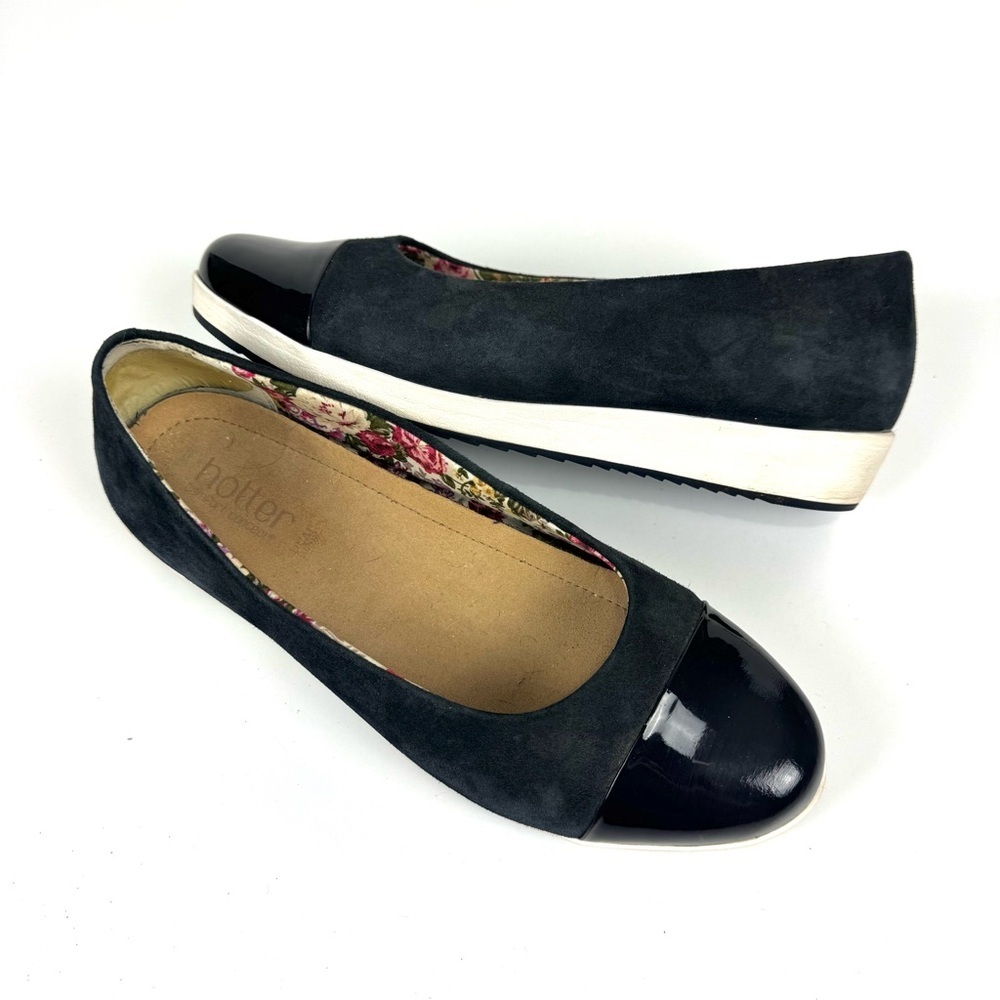 Hotter Black Suede & Patent Cap-Toe Flats